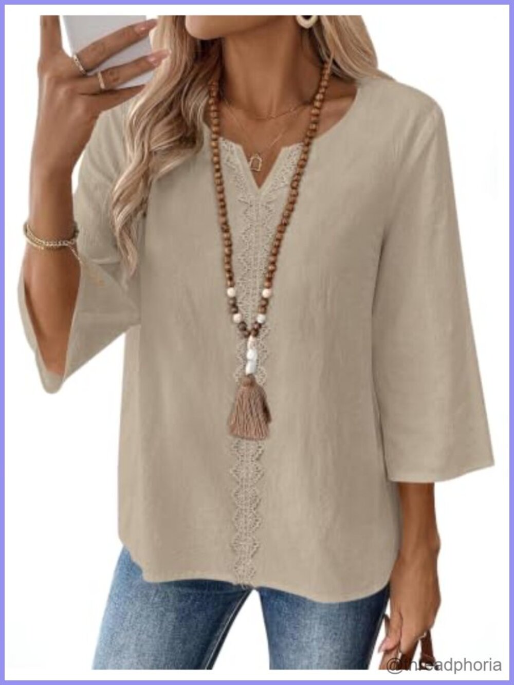 Womens 3/4 Sleeve Cotton Linen Tunic Top Lace V-Neck Boho Blouse
